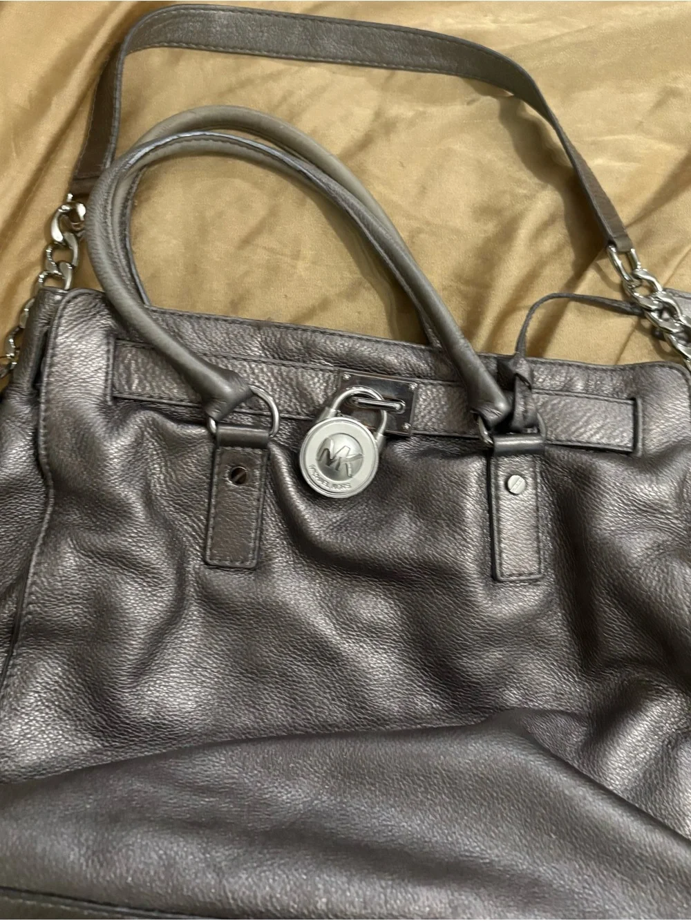 Michael Kors Metallic Charcoal Hamilton Leather Shoulder Bag with Chain Accents